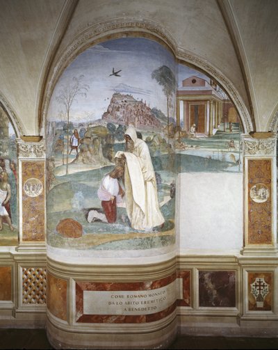 De monnik Romano geeft Benedictus het habijt van een kluizenaar door Giovanni Antonio Bazzi Sodoma