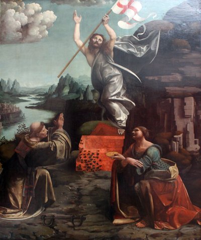 De Opstanding van Christus met de Heilige Leonard van Noblac en Lucia door Giovanni Antonio Boltraffio