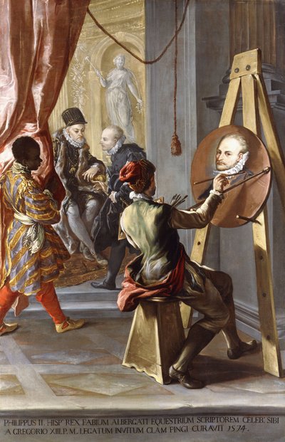 Fabio Albergati ontvangen door Filips II van Spanje, terwijl een Kunstenaar in het Geheim zijn Portret maakt op instructies van de Koning door Giovanni Antonio Burrini or Burino