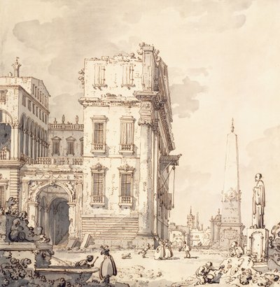 Een capriccio van een Venetiaans Paleis met Uitzicht op een Piazza met een Obelisk door Giovanni Antonio Canal