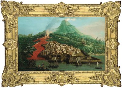 Een vulkanisch eiland met een haven en schepen door Giovanni Antonio Canal
