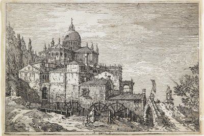 Landschap met een Kerk, Huizen en een Molen door Giovanni Antonio Canal