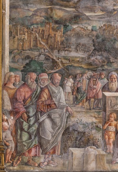 St. Antonius arriveert in Padua, waar hij vrede herstelt tussen de burgers met de kracht en zachtheid van zijn prediking, School van de Heilige, (detail) door Giovanni Antonio Corona