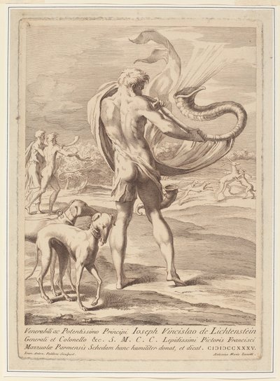 Naakte Man die een Schelp Blaast door Giovanni Antonio Faldoni after Parmigianino