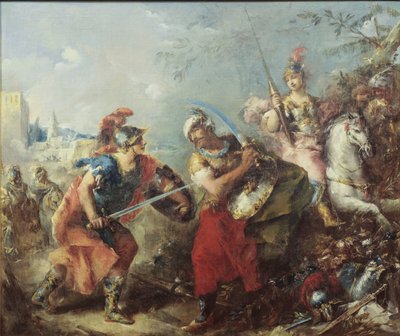 Het gevecht tussen Tancred en Argante met Clorinda op de achtergrond door Giovanni Antonio Guardi