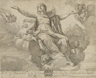 De tenhemelopneming van de Maagd, die in de wolken zit met uitgestrekte armen door Giovanni Antonio Lorenzini