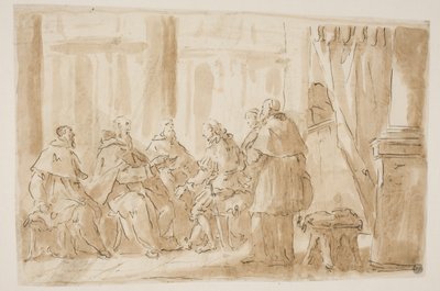 Een groep van vijf geestelijken die met een leek praten door Giovanni Antonio Pellegrini