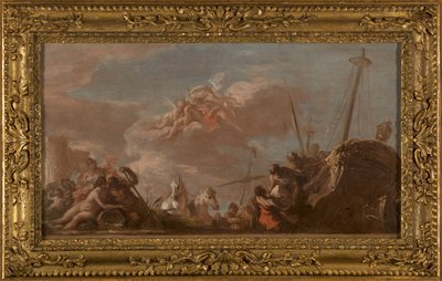 Schets voor het plafond van de Banque Royale: Le Déchargement en bord de Seine de marchandises en provenance de la Louisiane, 1720 door Giovanni Antonio Pellegrini