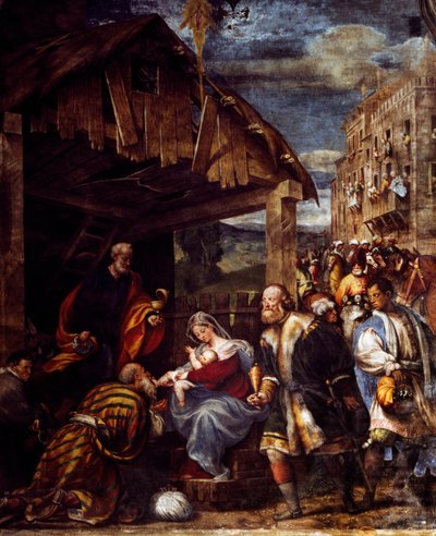 Aanbidding der Wijzen, ca. 1530, door Pordenone (1483-1484 - 1539), fresco, Kapel van de Wijzen, de Kerk van Santa Maria di Campagna, Piacenza, Emilia-Romagna. (detail) Italië door Giovanni Antonio Pordenone