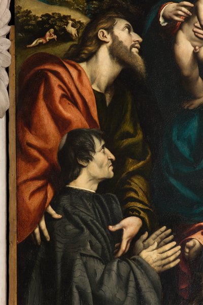 Altaar van Sint-Catharina, Madonna en Kind tussen Heiligen Philip en James en de schenker Giacomo Schizzi, Il Pordenone 1522, Detail door Giovanni Antonio Pordenone
