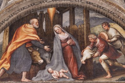 Lunet die de Aanbidding der Herders afbeeldt door Giovanni Antonio Pordenone