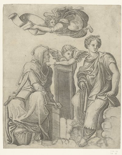 Twee sibyllen en engel en putto door Giovanni Antonio da Brescia (attributed to)