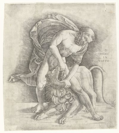 Hercules vecht met de Nemeïsche leeuw door Giovanni Antonio da Brescia