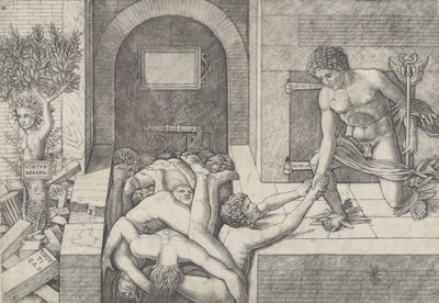 Onwetendheid en Mercurius een allegorie van Deugd en Ondeugd, Mercurius knielend rechts..., ca. 1490-1525 door Giovanni Antonio da Brescia