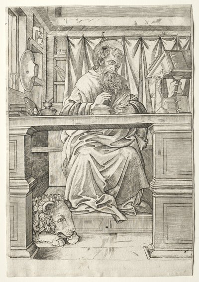 St. Hiëronymus in zijn studeerkamer door Giovanni Antonio da Brescia