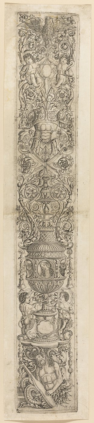 Triton en twee jonge saters, plaat vier uit Twelve Ornament Panels door Giovanni Antonio da Brescia