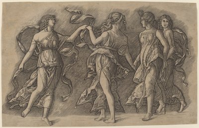 Vier Dansende Muzen door Giovanni Antonio da Brescia, after Andrea Mantegna