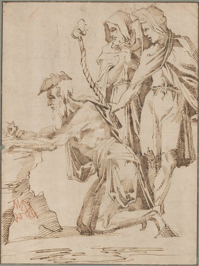 Knielende Kluizenaar en Twee Geklede Figuren die een Schedel Contempleren door Giovanni Bandini