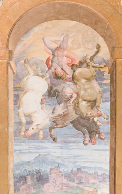 De wagen van de zon bestuurd door Apollo duikt naar de aarde, oostelijke muur van Apollo Loggia door Giovanni Battista and Cambiaso Luca Castello