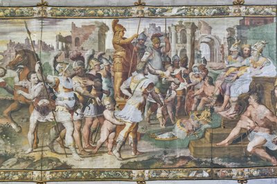 Odysseus en Ajax strijden om de wapenrusting van Achilles voor de rechtbanken, Odysseuszaal (detail) door Giovanni Battista Castello