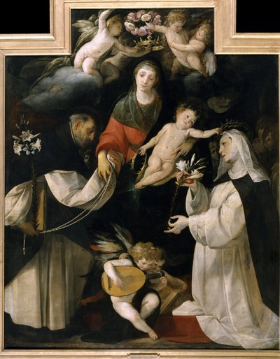 Madonna van de Rozenkrans (De Madonna del Rosario). Een krans van rozen wordt op het hoofd van de Maagd geplaatst terwijl twee heiligen haar witte lelies, rozenkransen en harten overhandigen die het geloof symboliseren. Schilderij door Giovan (Giovanni) Ba door Giovanni Battista (1567 1633) Crespi