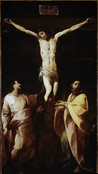 Kruisiging met Sint Jacobus, Sint Filippus en Sint Franciscus door Giovanni Battista  Crespi