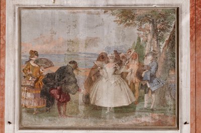 Gastverblijven, de Kamer van de Carnavalsscènes: "Pantalone en Columbina", een scène met maskers door Giovanni Battista Tiepolo