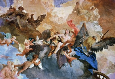 Ontvoering van Venus door Kronos, detail van De loop van de zonnewagen, fresco door Giambattista Tiepolo, Tapijtenzaal, Palazzo Clerici, Milaan, Lombardije, Italië door Giovanni Battista Tiepolo