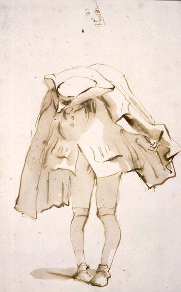 Caricatuur van een man met een gebogen hoofd, mogelijk een bultenaar door Giovanni Battista Tiepolo