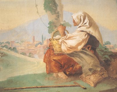 Landschap met de boer Een oude man zittend, zijn hoofd bedekt door een bebloede man die zijn gezicht verbergt door Giovanni Battista Tiepolo