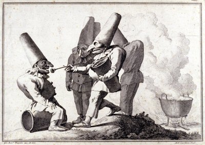 De groep van Pulcinella (Italiaanse Polichinelle). Tekening in pen en was op potloodmarkering door Giovanni Battista (Giambattista) Tiepolo (1696-1770). door Giovanni Battista Tiepolo