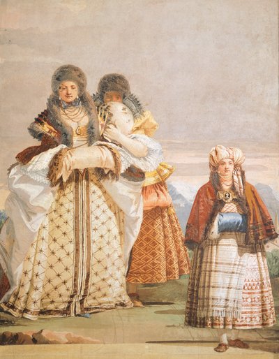 Winterwandeling, door Giambattista Tiepolo, detail, De Gotische Kamer, Gastverblijven van Villa Valmarana ai Nani, Vicenza, Italië door Giovanni Battista Tiepolo