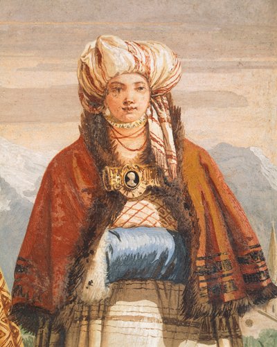 Winterwandeling, door Giambattista Tiepolo, detail, De Gotische Kamer, Gastverblijven van Villa Valmarana ai Nani, Vicenza, Italië door Giovanni Battista Tiepolo
