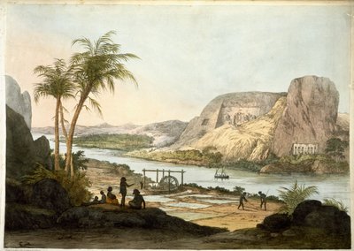 Buitenaanzicht van de twee tempels in Abu Simbul, uit Platen ter illustratie van de Onderzoeken in Egypte en Nubië, gepubliceerd in 1822 door Giovanni Battista Belzoni