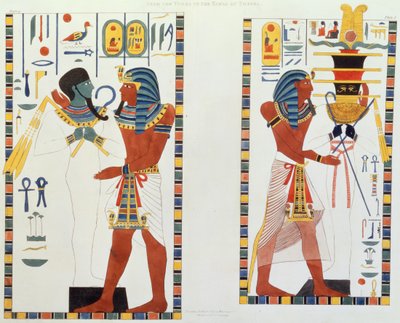 Twee Muurschilderingen uit de Graven van de Koningen van Thebe, ontdekt door G. Belzoni, plaat 5 uit `Plates Illustrative of the Researches in Egypt and Nubia` door Giovanni Battista Belzoni