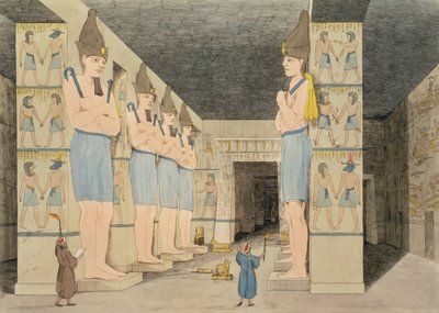Uitzicht op het interieur van de tempel in Ybsombul, Nubië, ontdekt door Giovanni Belzoni, gegraveerd door Augustine Aglio, plaat 48 uit 