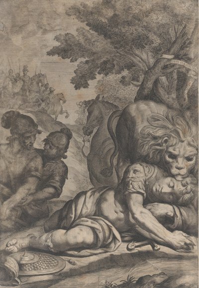 Een leeuw bovenop een gevallen ruiter rechts, met twee andere soldaten links, 1640-70 door Giovanni Battista Bonacina