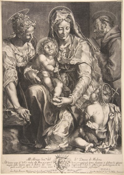 Maagd en Kind met Sint Catharina, Franciscus van Assisi en Johannes de Doper door Giovanni Battista Bonacina