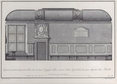 Plaat 4: dwarsdoorsnede van de hal van het Instituut van Bologna, met de ingang naar de r..., 1756 door Giovanni Battista Brostoloni