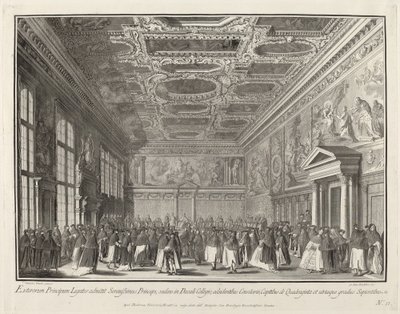 Ontvangst door de Doge van buitenlandse ambassadeurs in de Sala del Collegio, 1763-1766 door Giovanni Battista Brostoloni
