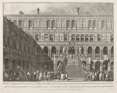 De Doge gekroond op de Scala dei Giganti van het Dogepaleis door Giovanni Battista Brostoloni