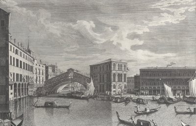 De Rialtobrug, Venetië, met boten en gondels in het water door Giovanni Battista Brostoloni