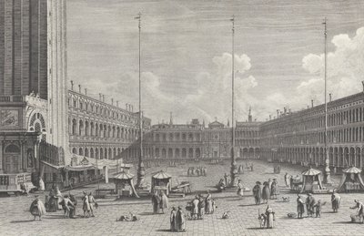 Zicht op Piazza San Marco, met de kerk van San Geminiano aan het einde, en figuren en..., 1763 door Giovanni Battista Brostoloni