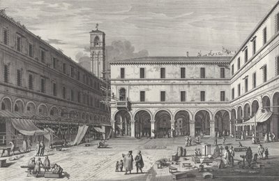 Uitzicht op het marktplein bij de kerk van San Giacomo door Giovanni Battista Brostoloni