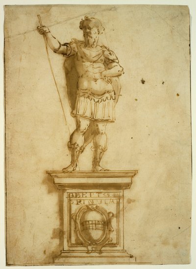 Standbeeld van staande krijger op een voetstuk door Giovanni Battista Castello