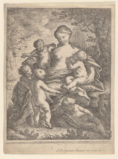 Liefdadigheid, zittend in een landschap omringd door vijf naakte kinderen, 1692-1727 door Giovanni Battista Catenaro