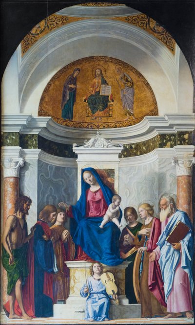 Troonende Madonna met kind en st. Johannes de Doper, st. Cosmas, st. Damian, c.1507 door Giovanni Battista Cima da Conegliano