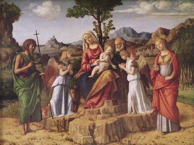 Heilig gesprek (De Heilige Familie omringd door engelen, Sint Lucia en Sint Johannes de Doper), pauzerend voor de vlucht naar Egypte door Giovanni Battista Cima da Conegliano
