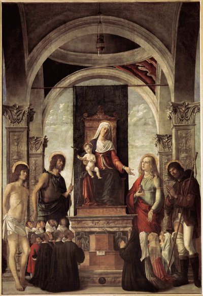 Heilige conversatie, maagd met kind omringd door Sint Jan de Doper, Sint Sebastiaan, Sint Rochus, Sint Maria Magdalena door Giovanni Battista Cima da Conegliano