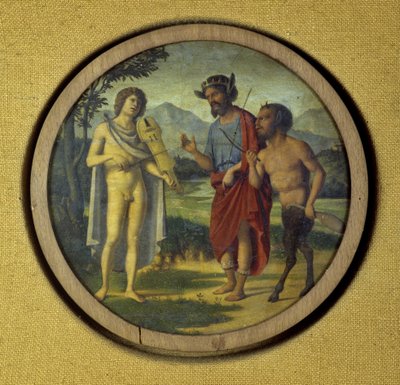 Toetseninstrumenthoes met illustratie van Apollo (met lier) en Marsyas door Giovanni Battista Cima da Conegliano